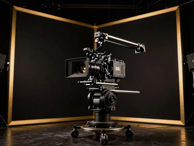 Cinematic wide shot of a high-end cinema camera rigged on a crane inside a dark, moody soundstage with gold rim lighting.