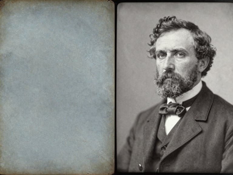 Split screen daguerreotype restoration, left side heavily oxidized with blue-grey metallic sheen, right side showing a sharp, high-contrast portrait of a gentleman, soft side-lighting.