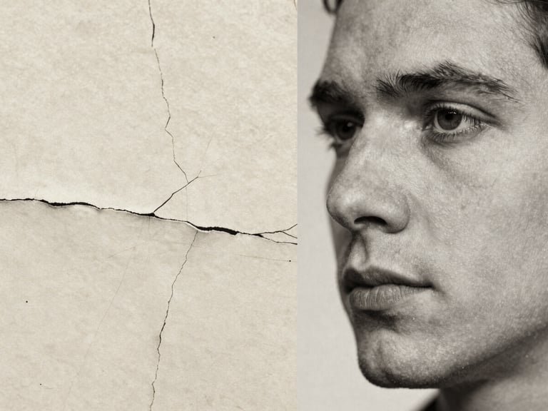 Macro shot of a restored 1914 black and white portrait, split screen, showing cracked paper texture on the left and sharp, high-fidelity skin grain on the right, museum lighting.