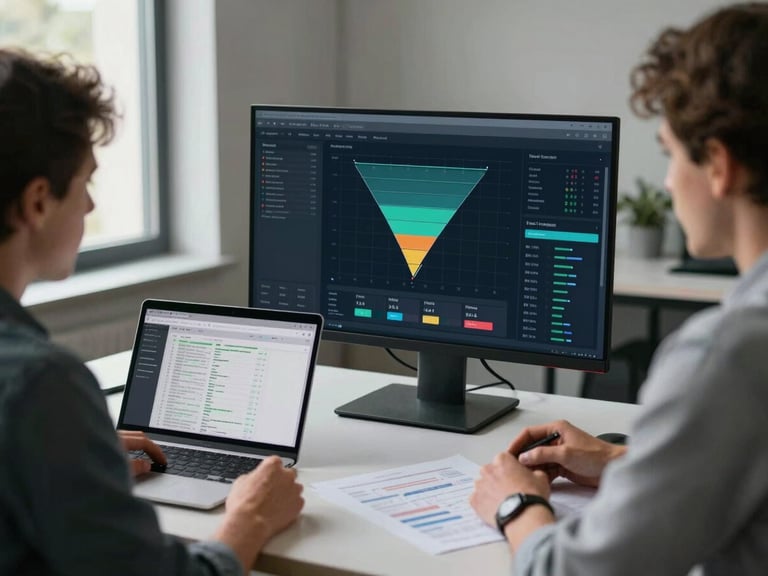 Wide environmental shot of two people collaborating at a desk reviewing a large monitor showing a real-time analytics interface with funnel charts and KPI tiles, cool daylight from left window, laptops open, papers with data printouts visible, work-in-progress atmosphere