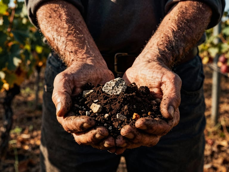 Weathered hands of an old Portuguese winemaker holding rich dark soil and granite fragments in a Braga vineyard, dramatic chiaroscuro lighting, warm editorial photography.