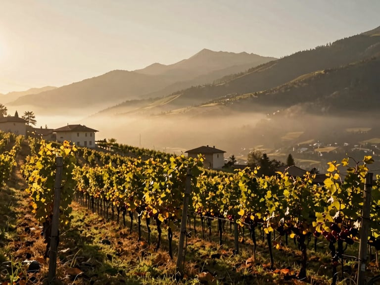 Cinematic wide shot of alpine vineyards in Trento, Italy, misty morning mountains in the background, low-angle golden hour sun, warm editorial photography.
