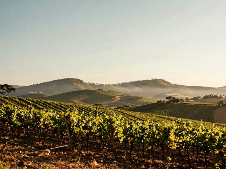 Wide panoramic view of high-altitude vineyards in southern Brazil under a soft overcast sky, misty hills in the background