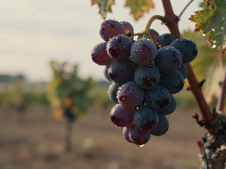 Macro shot of deep Cabernet Sauvignon grape skins on the vine, glistening with morning dew, Bordeaux estate background, soft overcast daylight.
