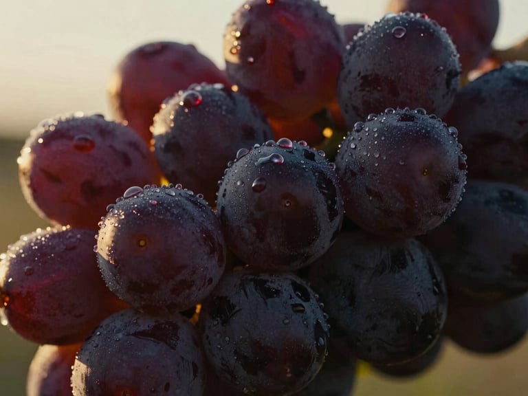 Extreme macro of dark grape skins covered in morning dew, dramatic low-angle golden light, rich wine and earthy tones