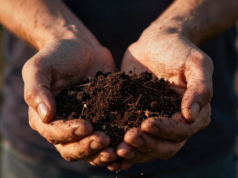Macro shot of dark, rich soil held in weathered hands under low-angle golden hour light, high contrast chiaroscuro, warm editorial photography