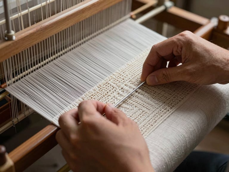 Hands of a textile engineer adjusting threads on a small loom for a custom weave sample, focused lighting on the intricate work.