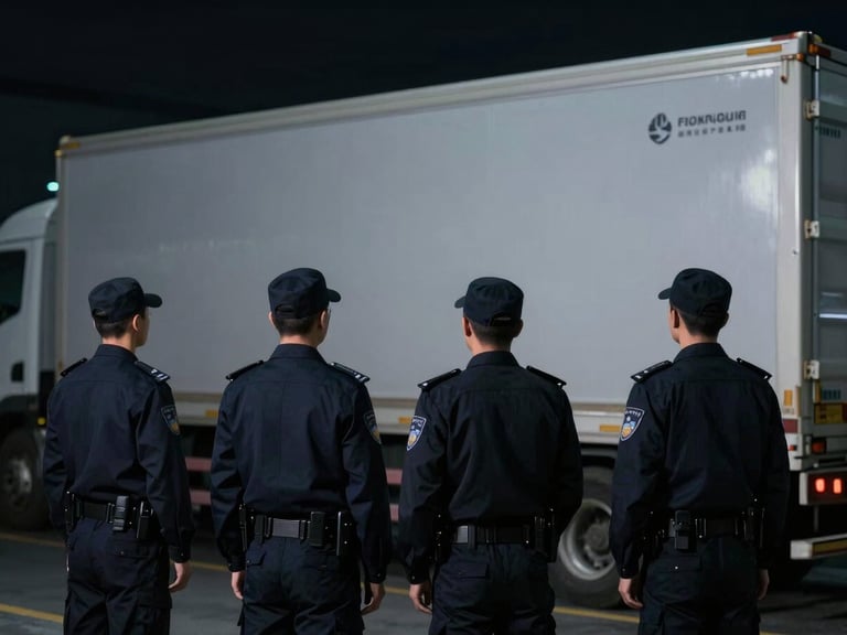 Professional security personnel in sharp corporate attire observing a secure cargo transfer, low-key dramatic lighting, cool tones, discreet, no direct eye contact.