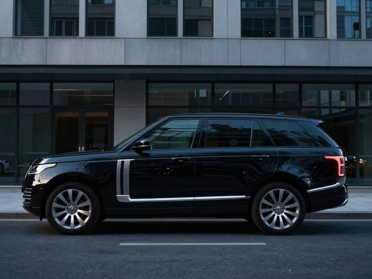 Unmarked black executive SUV parked discreetly outside a modern corporate building, early morning light, cool tones, sharp focus.