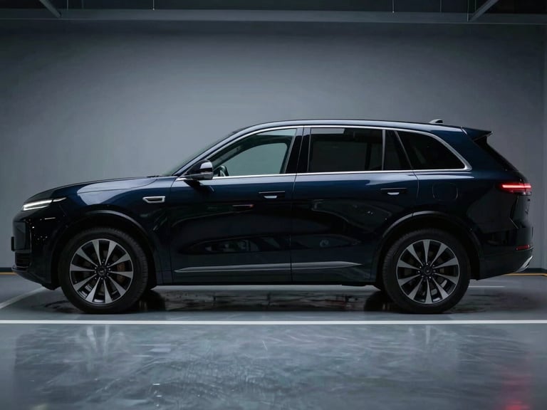 Sleek, unmarked black executive SUV parked in a secure, modern facility, soft cool light reflecting off its polished surface, wide environmental shot, 35mm.