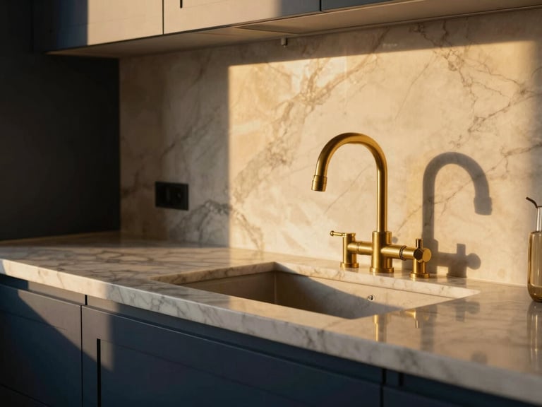 Close-up detail of premium marble countertops and custom brass fixtures in a sunlit luxury kitchen, warm editorial real estate photography, golden-hour light