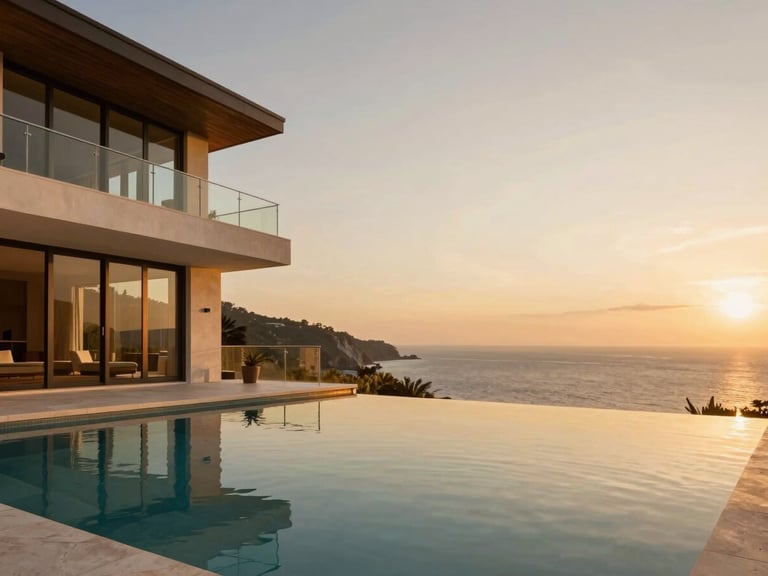 Wide panoramic shot of a coastal luxury villa exterior at golden hour, infinity pool reflecting the warm amber sky, architectural lens, editorial framing