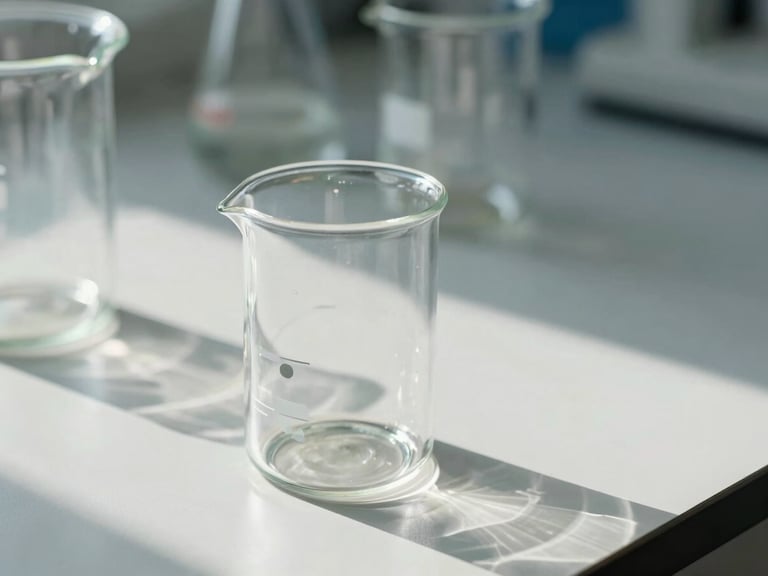 A high-resolution macro shot of clean laboratory glassware with natural sunlight casting soft shadows on a sterile white surface.
