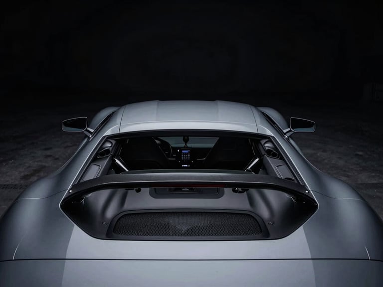 High-contrast cinematic shot of a luxury sports car, low-key lighting, sharp lines, mechanical precision, deep blacks and cool grays, off-center composition, wide environmental shot.