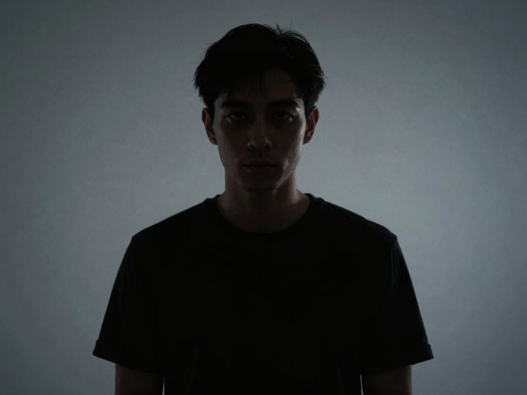 Editorial portrait of a subject with deep shadows, high contrast, sharp medium-format lens, cinematic film photography style, off-center composition with generous negative space, cool grays.