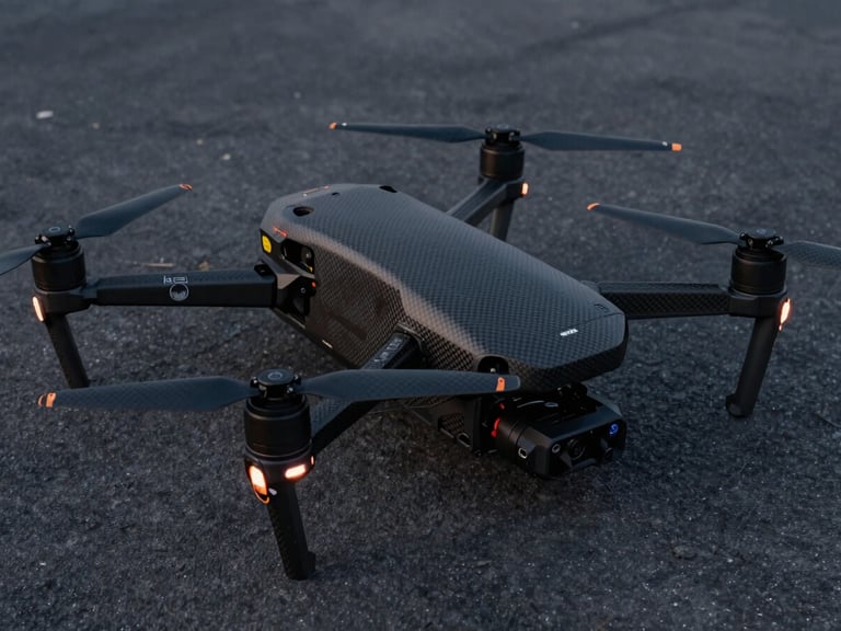 Close-up high-contrast shot of a rugged enterprise drone chassis on the ground, matte black carbon fiber, carbon propellers, technical decals, twilight lighting.