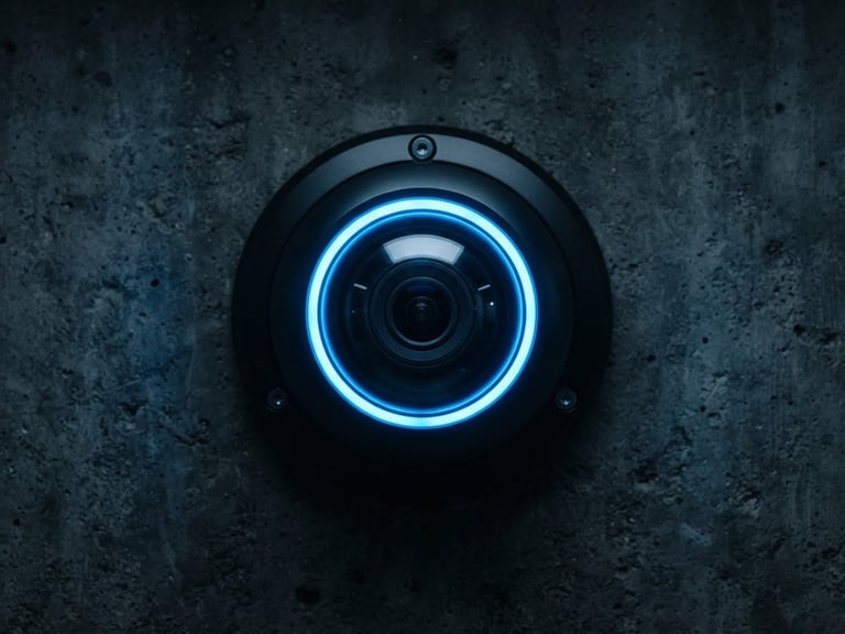 Close-up of a high-end dome security camera with a glowing blue LED ring, mounted on a dark concrete wall, sharp focus, cool studio lighting, 50mm lens.