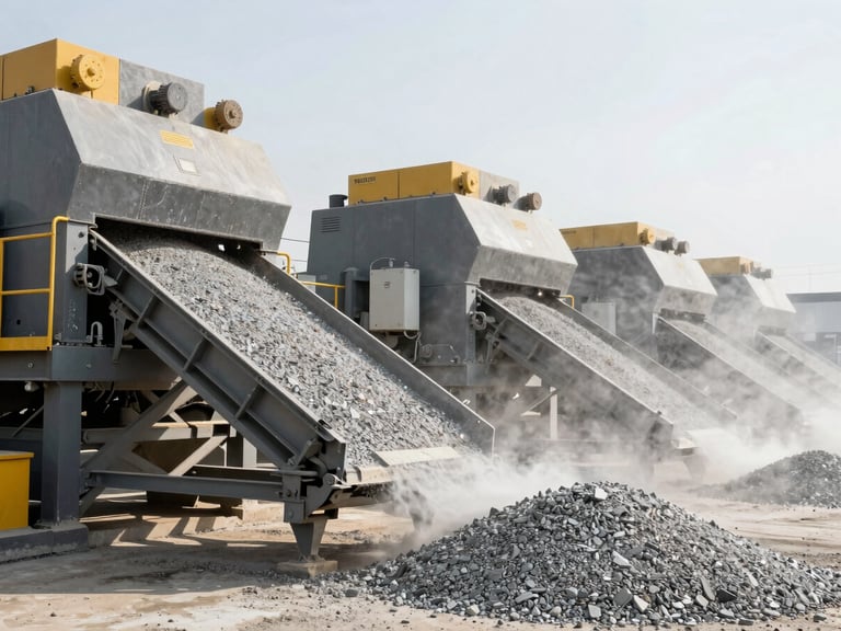Industrial multi-stage stone crushing machinery in action, conveyors transporting crushed granite under bright dramatic daylight, dust suppression mist visible
