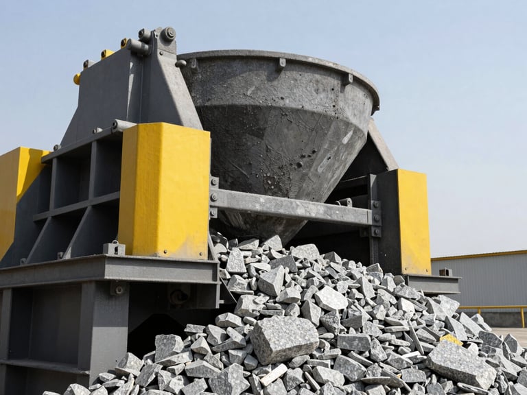 Gritty industrial close-up of a heavy cone crusher machine processing granite stone, sharp yellow accents on the steel frame, high-contrast dramatic daylight