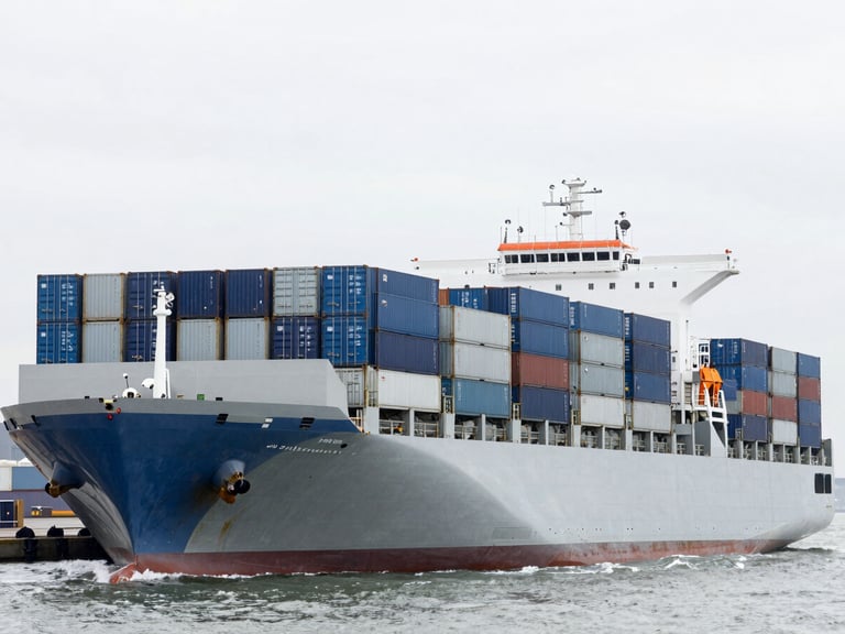 A high-angle shot of a modern cargo ship loaded with blue and gray shipping containers at an international port, overcast daylight