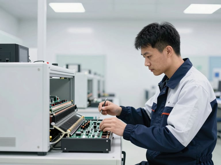 A professional inspector in a clean, modern manufacturing facility checking electronic components under bright neutral studio lighting