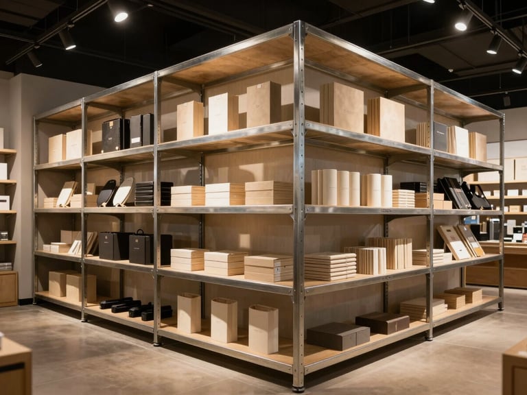 Wide environmental shot of a finished retail metal shelving installation inside a contemporary brand store, overhead warm tungsten lighting raking across steel shelves, products neatly arranged, architectural precision evident in corner joints and surface finish