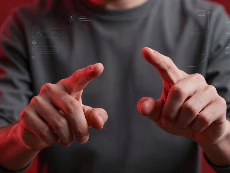 Close-up of hands interacting with a holographic AI interface, crisp studio lighting, high-contrast red and dark gray tones, sharp focus, modern tech, 35mm