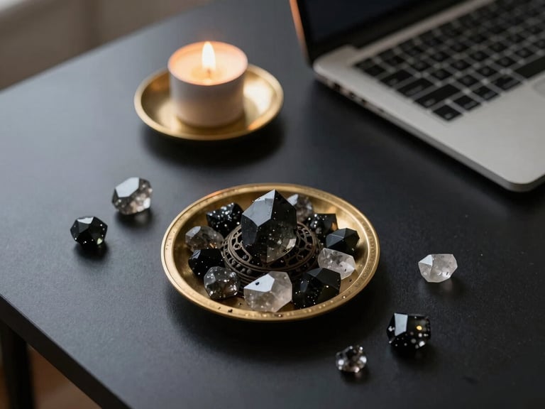 Moody editorial photography, elegant mystical atmosphere, overhead shot of a minimalist black desk with obsidian crystals, a brass incense holder, and a laptop, soft warm lighting