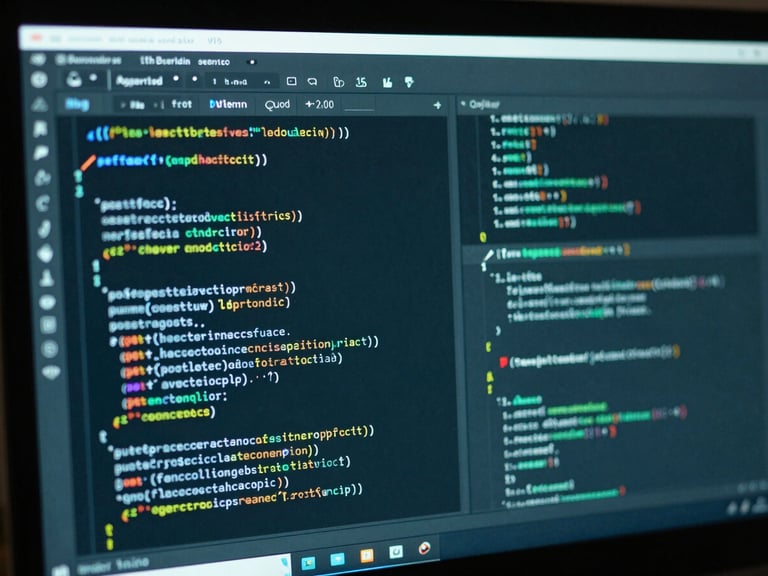 Macro close-up of a code editor on a high-resolution monitor displaying clean configuration files, selective cool teal ambient glow.