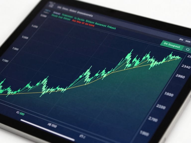 A clean candlestick chart on a tablet screen, showing clear support and resistance lines, green and navy tones, sharp focus