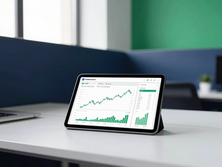 approachable modern workspace with a tablet showing clean financial charts, bright natural light, deep navy accents, professional atmosphere