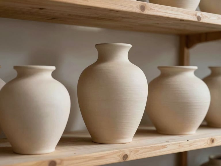 Tactile ceramic vessels resting on raw timber shelves, soft morning light highlighting the clay textures, landscape aspect.