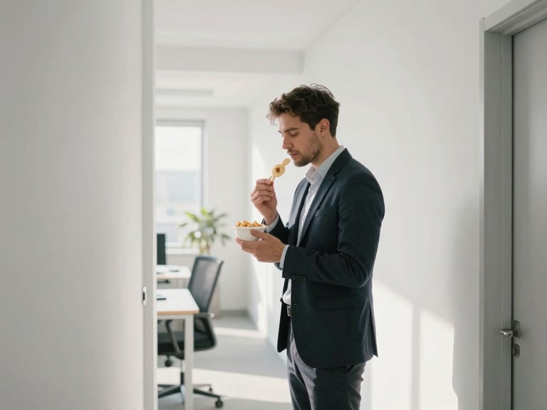 A busy professional grabbing a healthy protein snack on the go in a bright minimalist office hallway, natural morning daylight, desaturated cool tones, 35mm