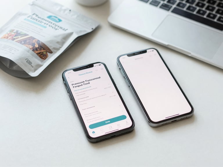 Flat-lay of premium functional food packaging, a sleek smartphone showing a clean interface, and a modern workspace setup, bright daylight, 35mm