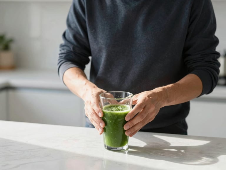 Editorial medium-close shot of a creator in a bright modern kitchen preparing a clean green smoothie, natural daylight, soft shadows, shallow depth of field, 35mm