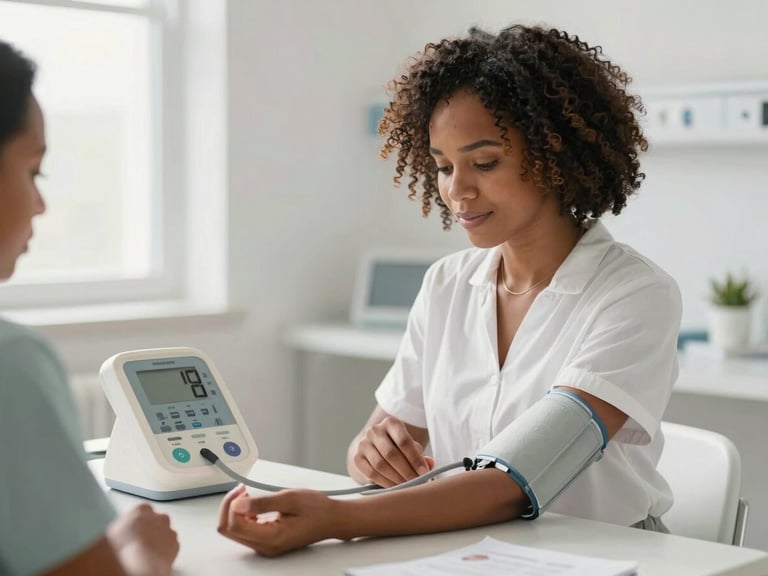 Bright editorial photo of a focused African American woman adjusting a blood pressure cuff on a patient simulator in a sunlit clinical training room, 35mm shallow depth of field