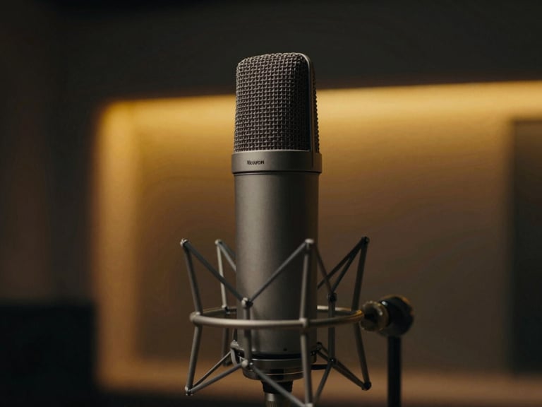 Moody cinematic photography, close-up of a high-end Neumann studio microphone in a professional Parisian recording booth, low-key lighting, neon amber backlight, shallow depth of field.
