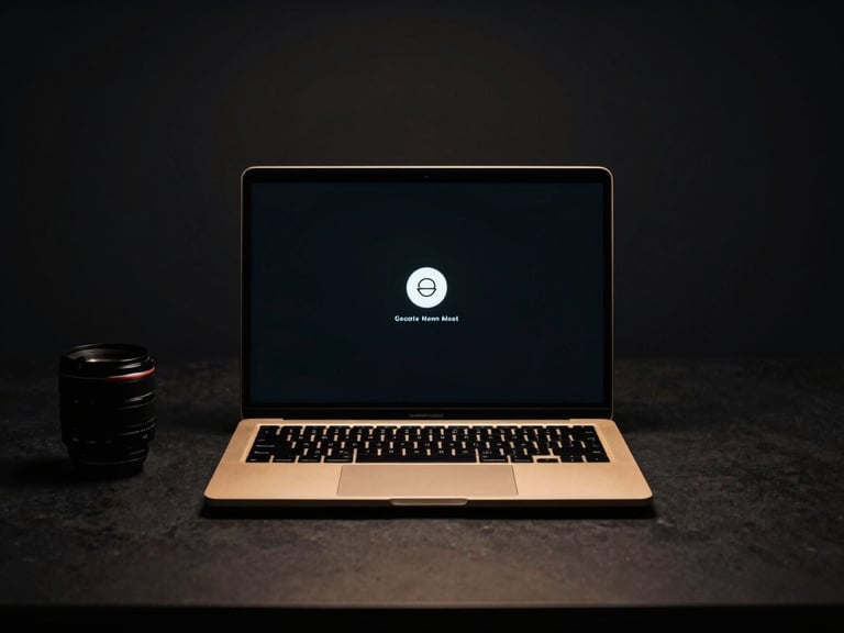 Minimalist desk setup with a high-end laptop displaying a secure login screen, subtle golden glow from the keyboard, deep shadows, 35mm lens