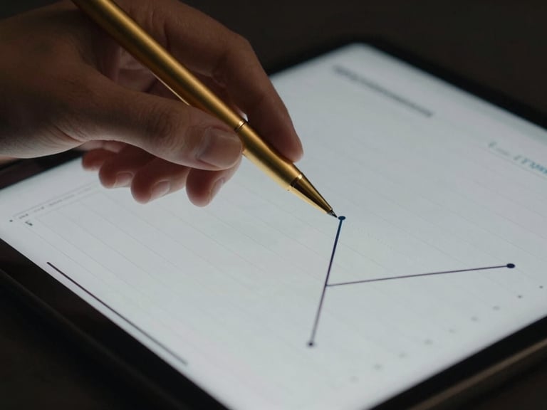 Close-up of a hand interacting with a clean analytical chart on a tablet, showing upward trends, brushed gold pen, low-key lighting, 35mm lens