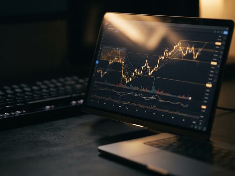 Sleek dark-mode workspace with a high-end laptop displaying analytical charts, golden light reflections on the screen, macro close-up, deep charcoal tones, 35mm lens