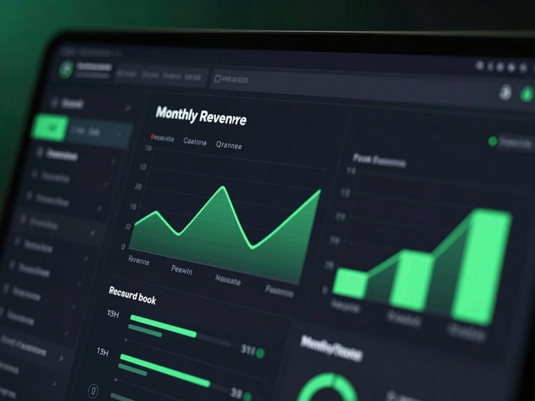 Sleek dark-mode dashboard mockup displaying monthly recurring revenue charts, neon green highlights, high-contrast tech aesthetic.