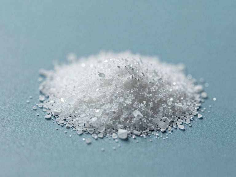 Macro close-up of pure white crystalline compound under clinical daylight, sharp focus, cool slate blue background, 35mm photography