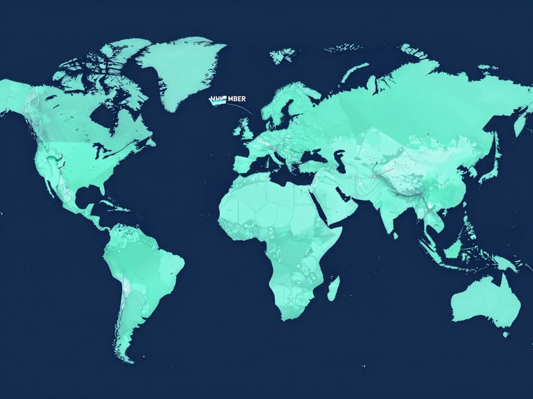 Clean high-contrast vector map graphic showing global shipping routes from Mumbai port to Europe, North America, and Southeast Asia, sterile teal lines on a deep slate blue background, sharp industrial styling.