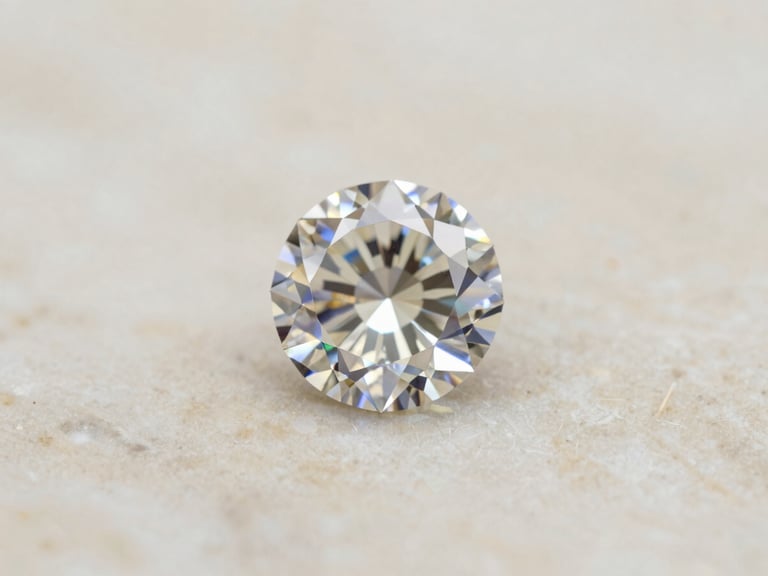 Macro shot of a brilliant-cut diamond catching sharp light on a textured ivory marble surface, soft diffused daylight, high-contrast, 35mm