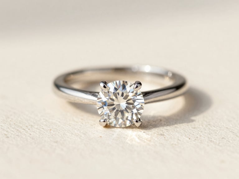 Macro shot of a brilliant diamond wedding band catching sharp light, clean ivory background, editorial fashion photography, 35mm