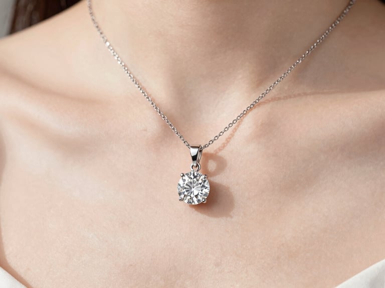 Close-up of a delicate diamond pendant necklace on a woman's collarbone, soft diffused daylight, high-contrast minimal aesthetic