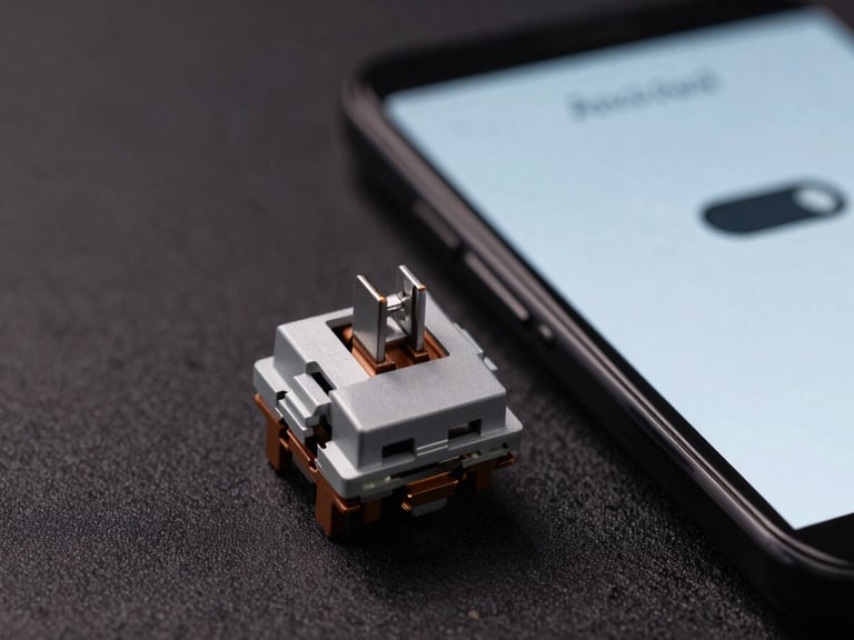 A macro photograph of a physical mechanical keyboard switch next to an Android phone screen showing a custom tactile toggle button, shallow depth of field, dark aesthetic.