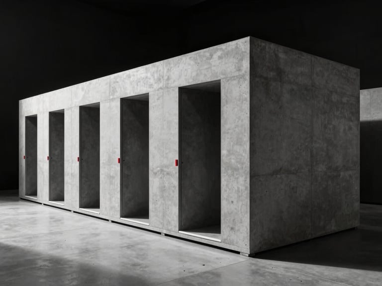 Wide architectural perspective of a modern minimalist concrete server facility with sharp shadows, studio lighting, 35mm lens