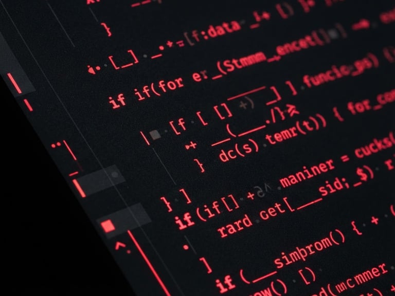 Macro crop of a minimalist dark code interface on a high-end monitor, sharp crimson accents, dramatic studio shadows, 35mm lens.