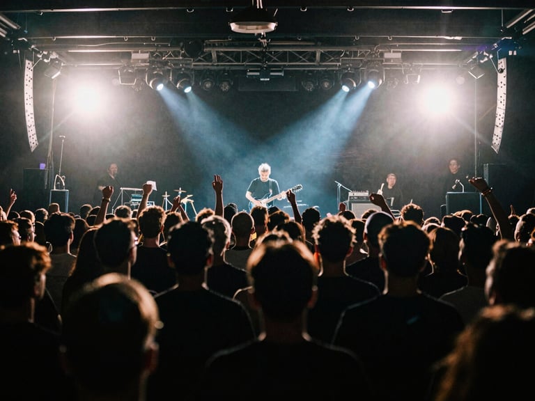 Wide immersive crowd shot from behind the artist on stage, high-contrast dramatic neon stage lighting with deep shadows and lens flares, electric atmosphere, 35mm film grain